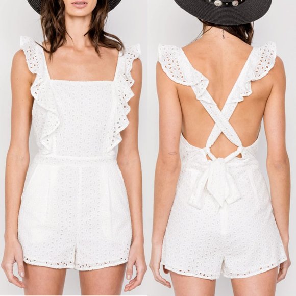Etophe Studios Dresses & Skirts - White Eyelet 100% Cotton Open Back Ruffle Romper